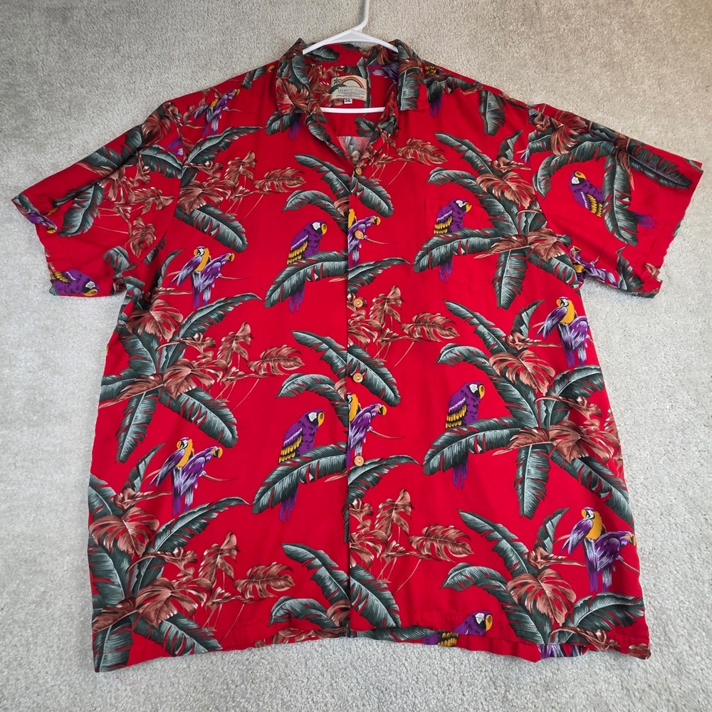 Vtg Paradise Found Mens 2XL Red Hawaiian Shirt Rayon USA Magnum